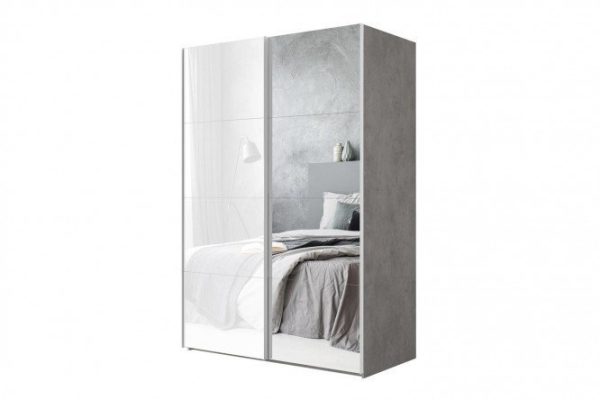 2-door wardrobe Comet 180x240 cm light concrete, mirror fronts, white glass