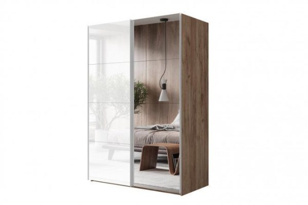 Sliding wardrobe 2-door Comet 160x220 cm kraft oak tobacco, mirror fronts, white glass