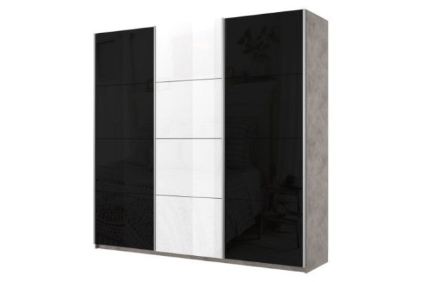 3-door wardrobe Cors 210x230 cm, light concrete, white gloss facade, black