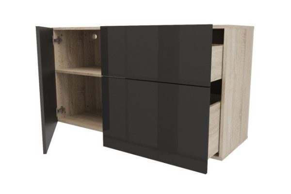 Cabinet with door and 2 drawers Oscar Amika 120x64 with push to open, Sonoma oak / glossy black graphite