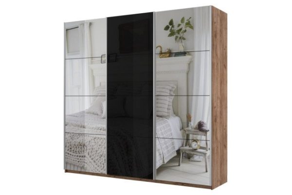 3-door wardrobe Cors 210x230 cm, craft tobacco oak, black facade, with two mirrors