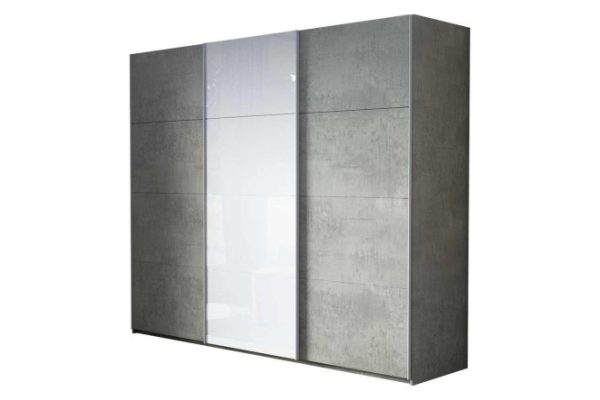 3-door wardrobe Comet 270x240 cm light concrete, white glass facades, light concrete