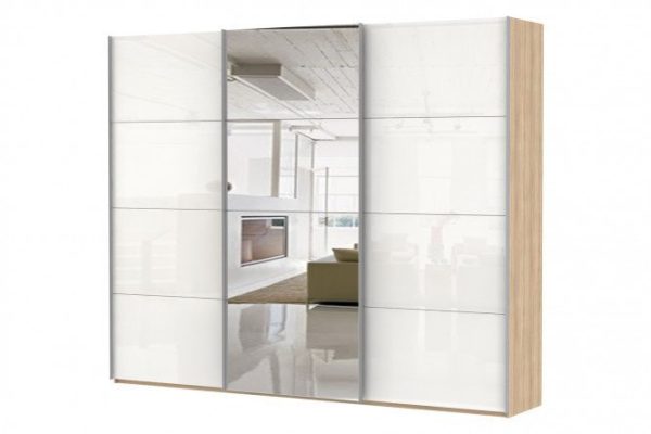 3-door wardrobe Comet 270x220 cm Bardolino oak, white glass fronts, mirror