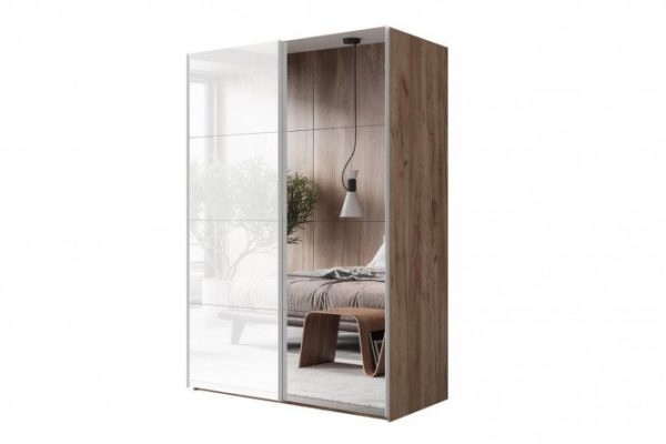 Sliding wardrobe 2-door Comet 180x220 cm kraft oak tobacco, mirror fronts, white glass