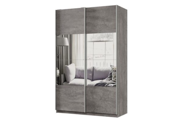 Sliding wardrobe 2-door Praktik 140x240x60 cm, concrete, silver profile, with mirror inserts