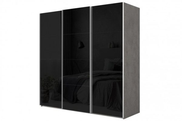 3-door wardrobe Comet 300x220 cm light concrete, black glass facades