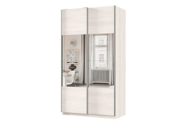 Sliding wardrobe 2-door Praktik 120x220x60 cm, light anchor ash, silver profile, with mirror inserts