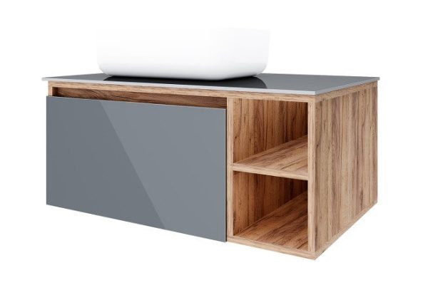Wall-hung sink cabinet Inari 80 cm, frame color kraft oak gold, quartz, facade quartz
