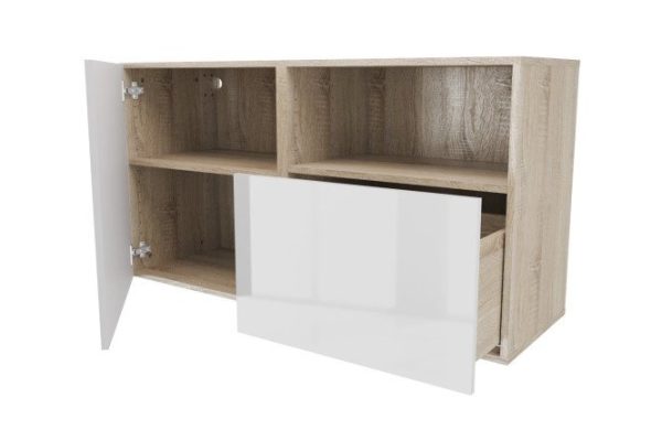 Cabinet with door, shelf and drawer Oscar Amika 120x64 with push to open, Sonoma oak / white gloss