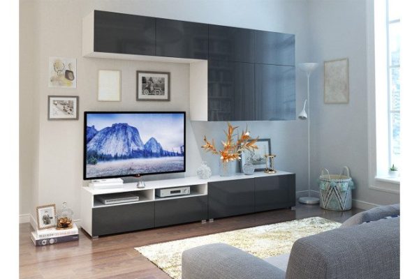 Living room Oscar Amika with 4 drawers and 4 doors with push-to-open, white / black graphite gloss