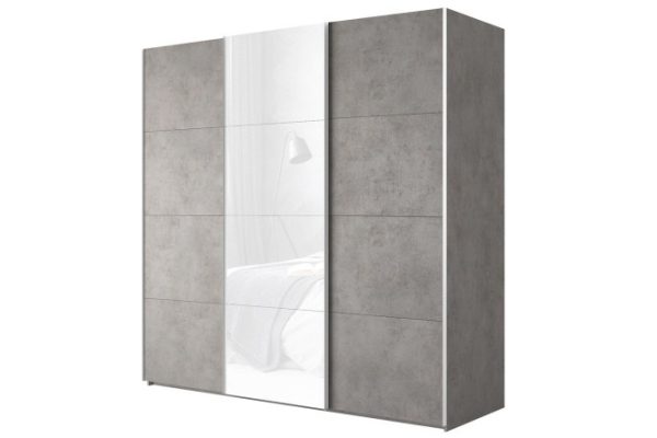 3-door wardrobe Comet 240x240 cm light concrete, white glass facades, light concrete