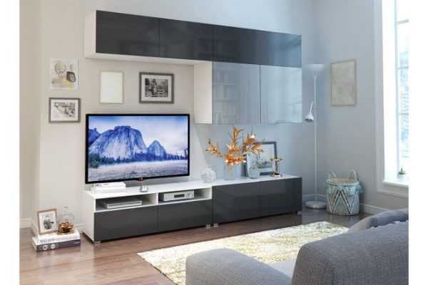 Living room Oscar Amika with 4 drawers and 4 doors with push-to-open, white / black graphite gloss / gray dusty gloss