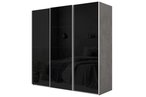 3-door wardrobe Comet 300x240 cm light concrete, black glass facades