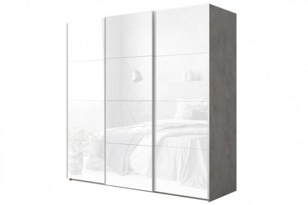 3-door wardrobe Comet 300x240 cm light concrete, white glass facades