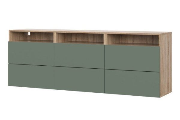 Cabinet Oscar Moon 180x64 with 6 drawers and 3 shelves, sonoma oak / soft olive