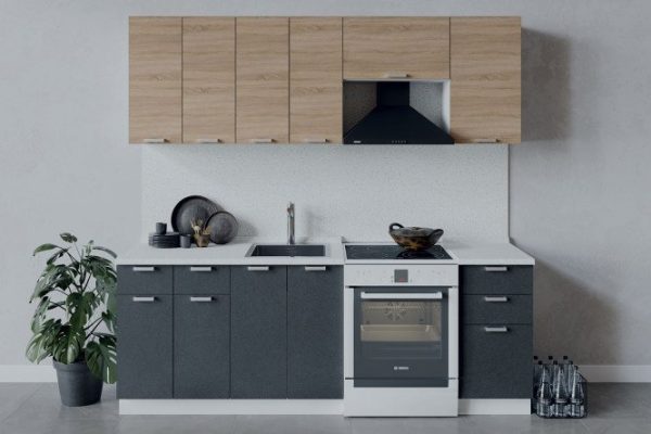 Granite kitchen set 220x213.2x47.8 cm, frame color white, Sonoma oak facade, graphite concrete