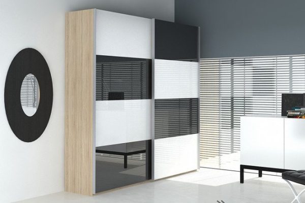 Sliding wardrobe 2-door Comet 180x220 cm Bardolino oak, white and black glass facades