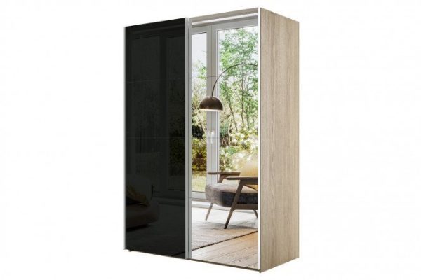 2-door wardrobe Comet 160x220 cm Bardolino oak, black glass fronts, mirror