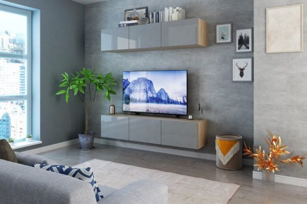 Living room Oscar with TV stand and wardrobe with push-to-open doors, Sonoma oak, dusty gray gloss