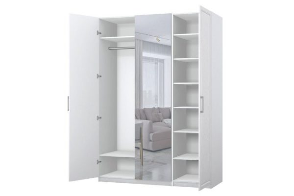 Wardrobe 3-door Oscar Bella 150x236x59.6 cm, white, white wood, with one mirror