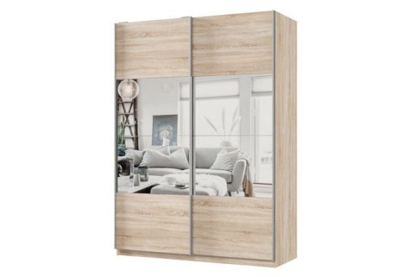 2-door wardrobe Praktik 160x240x60 cm, Sonoma oak, silver profile, with mirror inserts