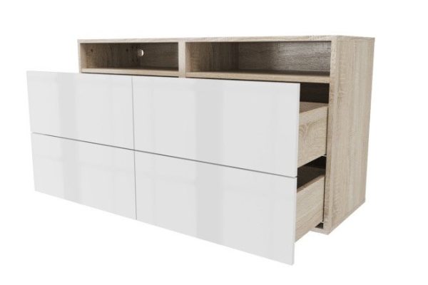 Cabinet 4 drawers and shelf Oscar Amika 120x64 with push to open, Sonoma oak/white gloss