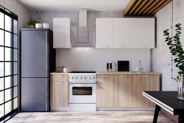 Kitchen set Lyon 180x210x60 cm, body color - white, facade - white, Sonoma oak, tabletop - Canadian oak