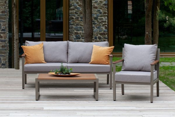 Santorini garden furniture set, 3 pieces: sofa, armchair, table, frame color gray (Pecan), natural wood finishing