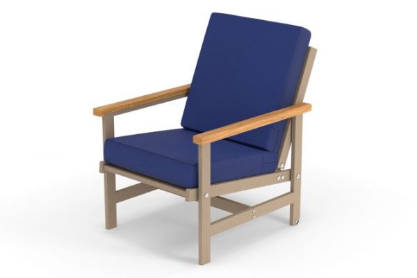 Scandi armchair with armrests, frame color cappuccino, natural wood, soft elements dark blue