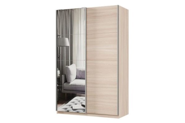 Sliding wardrobe 2-door Praktik 140x220x60 cm, light Shimo ash, silver profile, with one mirror