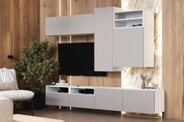 Living room Oscar Moon with 4 doors and 4 drawers with push-to-open, white / light gray soft