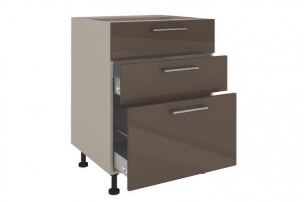 Set of fronts for a floor cabinet with 3 drawers Amika, truffle brown glossy color
