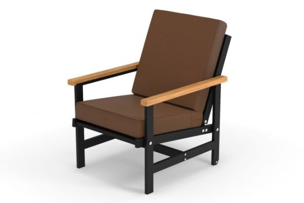 Scandi armchair with armrests, frame color black, natural wood, soft elements brown