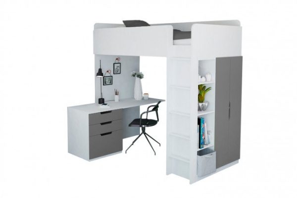Simple loft bed with desk and wardrobe