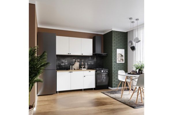 Kitchen Eva 150.2x207.6x60 cm, frame color white shagreen, facade white shagreen