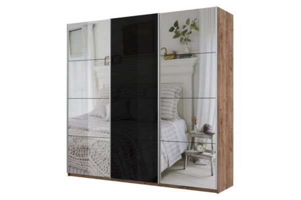 3-door wardrobe Cors 180x230 cm, craft tobacco oak, black facade, with two mirrors