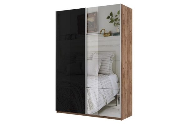 Sliding wardrobe 2-door Cors 160x230 cm, craft tobacco oak, black facade, with one mirror