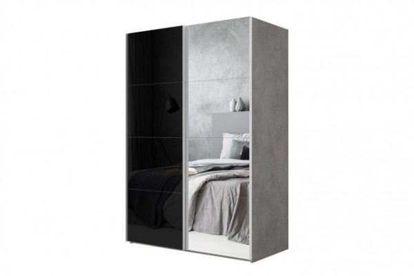 2-door wardrobe Comet 160x240 cm light concrete, mirror fronts, black glass