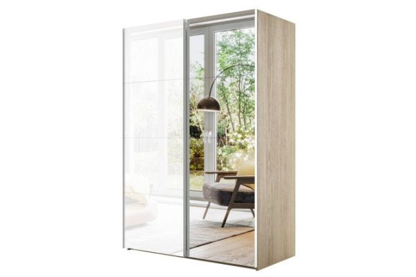 2-door wardrobe Comet 200x240 cm Bardolino oak, white glass fronts, mirror