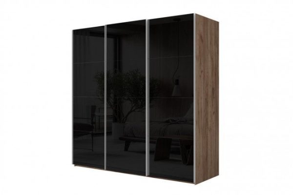 3-door wardrobe Comet 270x220 cm kraft tobacco oak, black glass fronts