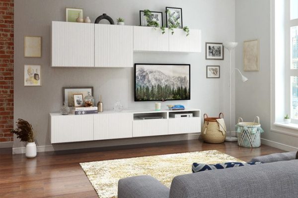 Living room Oscar Amelie with 4 drawers and 4 doors with push-to-open, white / talc wave