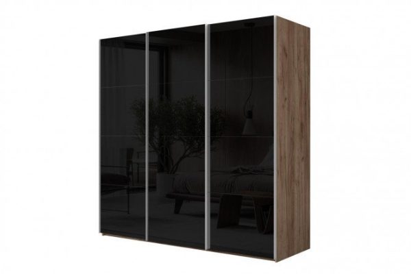 3-door wardrobe Comet 240x240 cm kraft tobacco oak, black glass fronts