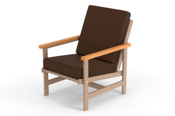 Scandi armchair with armrests, frame color cappuccino, natural wood, soft elements dark brown