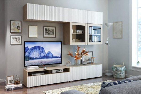 Living room Oscar Amelie with 4 drawers and 4 doors with push-to-open, sonoma oak / talc wave