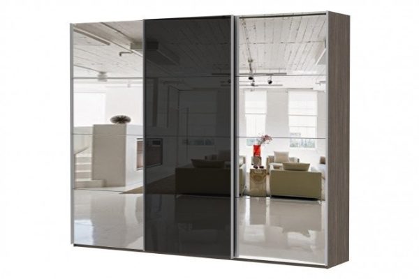 Sliding wardrobe 3-door Comet 300x220 cm wenge Mali, fronts black glass, mirror