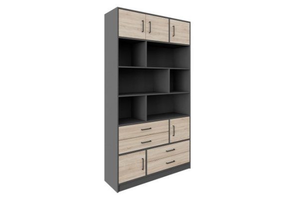 Shelving unit Virage with 4 drawers and 5 doors, graphite gray/sonoma oak