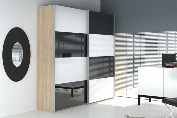 Sliding wardrobe 2-door Comet 200x220 cm Bardolino oak, white and black glass facades