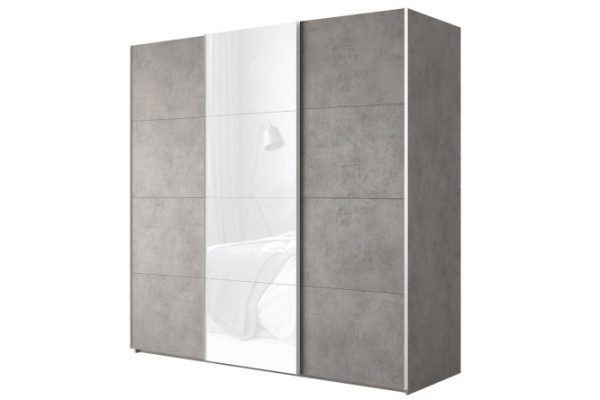 3-door wardrobe Comet 300x240 cm light concrete, white glass facades, light concrete