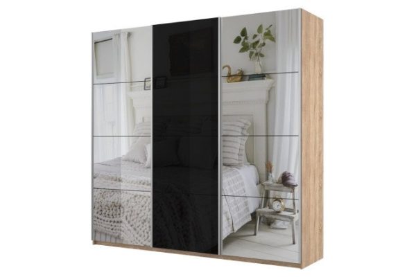 3-door wardrobe Cors 180x230 cm, Sonoma, black facade, with two mirrors