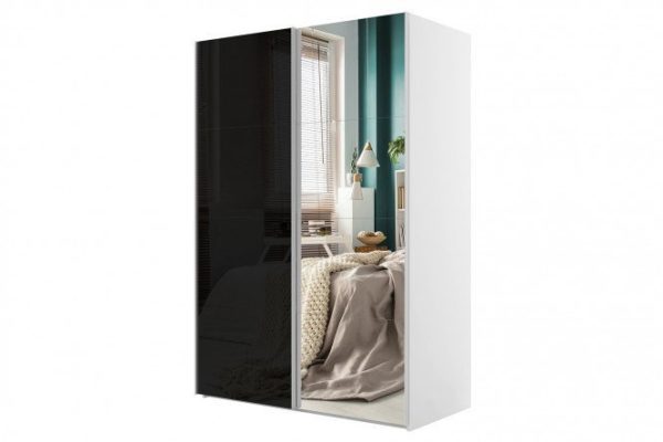 Sliding wardrobe 2-door Comet 180x240 cm white snow, black glass fronts, mirror